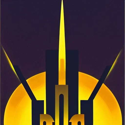 Prompt: logo of large tower in - front of an futuristic glass city, silhouette, symmetrical, washed out color, centered, art deco, 1 9 5 0's futuristic, glowing highlights, peaceful