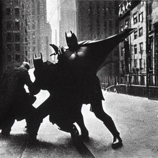 Prompt: a close - up old black and white photo, 1 9 1 3, depicting batman fighting a mafia boss in an ally of new york city, rule of thirds, historical record