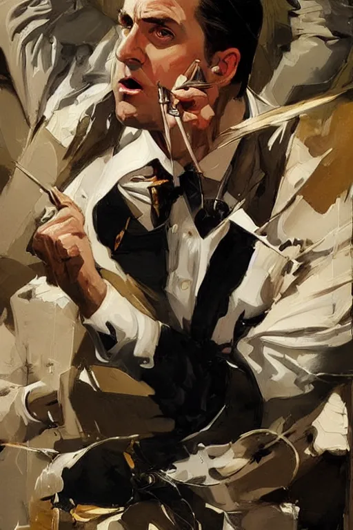 Image similar to michael scott fighting dwight schrute, painting by jc leyendecker!! phil hale!, angular, brush strokes, painterly, vintage, crisp