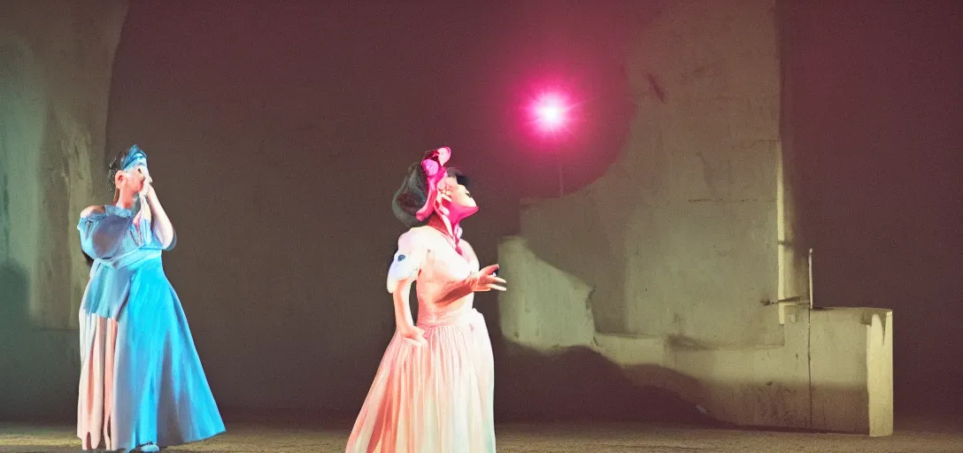 Prompt: an opera singer in a blue, barren land lit with a pink spotlight, 35mm, cinematic