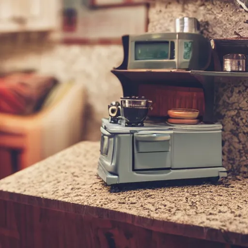 Image similar to macro photography focused on a miniature figure on a countertop. The background is the rest of the kitchen. The mid ground is a dramatic highway bridge that connects the vintage fridge to the counter. Award winning photo.