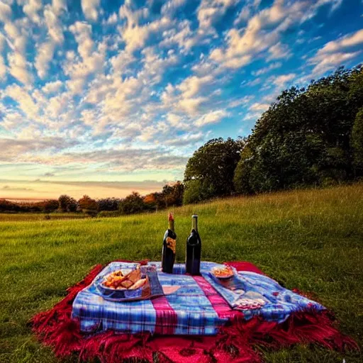 Image similar to a wonderful picnic beneath blue sky with puffy clouds the day glorious with portend and omen as fireworks light the encroaching twilight on the horizon