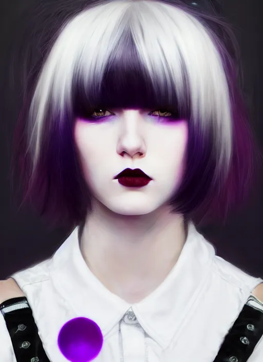 Image similar to portrait of white teenage girl, normal face, black bangs, mall goth, cyberlox, black and white hair, bangs, fluffy bangs, red contacts, purple lipstick, intricate, elegant, highly detailed, digital painting, artstation, concept art, sharp focus, smooth, illustration, art by wlop, mars ravelo and greg rutkowski