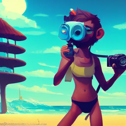 Image similar to monkey holding a camera in the Beach, mattepainting concept Blizzard pixar maya engine on stylized background splash comics global illumination lighting artstation lois van baarle, ilya kuvshinov, rossdraws