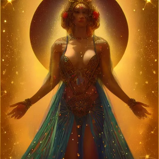 Prompt: camera floating among stars, tarot card, intricate beautiful female goddess, field various angles by ross tran, water, golden ratio, vivid colors, trending on ArtStation, cgsociety gustav klimt frame, bokeh