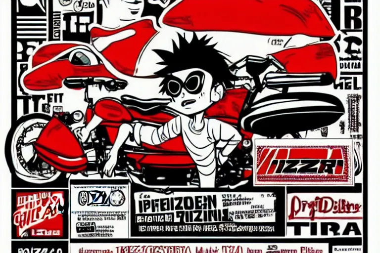 Image similar to italian pizza, akira's motorcycle, gorillaz, flyer, kid drawn