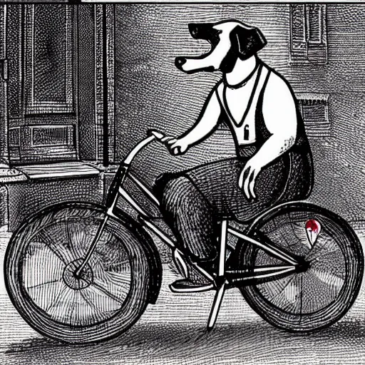 Prompt: illustration of a dog riding a bike in paris in the style of p. d. eastman