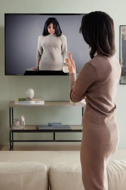 Prompt: A doppelganger is standing in front of TV and changing its appearance into female model's appearance by touching TV screen which shows her standing image, highly detailed,