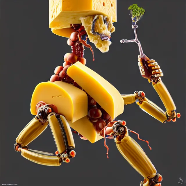 Prompt: acidic biorobot made of cheese and wine, diffuse lighting, 8K, UHD, unreal engine, fantasy, intricate, elegant, highly detailed, lifelike, futuresynth, artstation, realism, concept art, smooth, sharp focus, art by Anne Stokes and Agnes Lawrence Pelton and Anna Dittmann