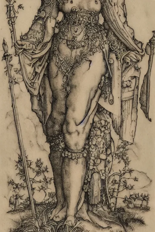 Image similar to albrecht durer, albrecht altdorfer, hans holbein, lucas cranach, gustave dore, engraving-style tattoo of regal female boddhisatva with the attributes of Diana, Athena, Guanyin, Shakti, Isthar, Deborah, and Seshat, wearing a robe, standing gracefully upon a lotus, surrounded by egrets and northern wetland flora