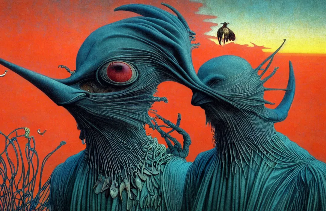 Image similar to realistic detailed portrait movie shot of a birdman wearing a dark robes, sci fi city landscape background by denis villeneuve, amano, yves tanguy, alphonse mucha, ernst haeckel, max ernst, roger dean, masterpiece, rich moody colours, dog teeth, blue eyes, sunset