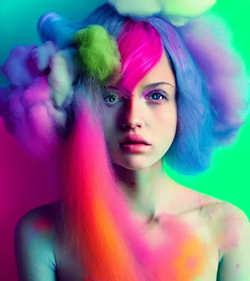 Prompt: dramatic lighting portrait of a beautiful! young woman with a light skin and rainbow colored cotton candy hair. colorful paint splashes. moody and melancholy. dark background with subtle rim light. digital art by beeple