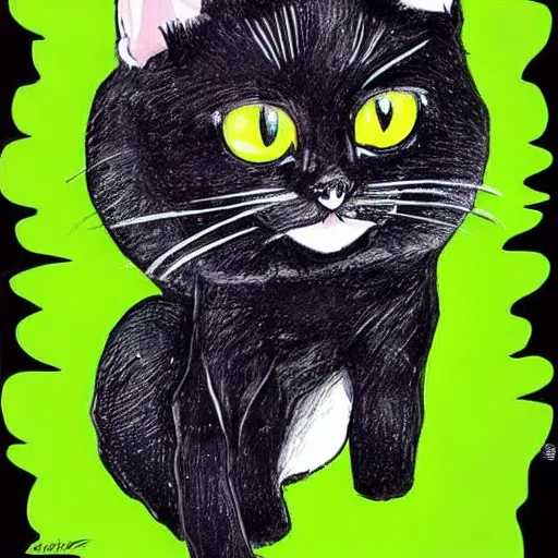 Prompt: a small cute black cat with big green and yellow eyes, cute art style, n -4