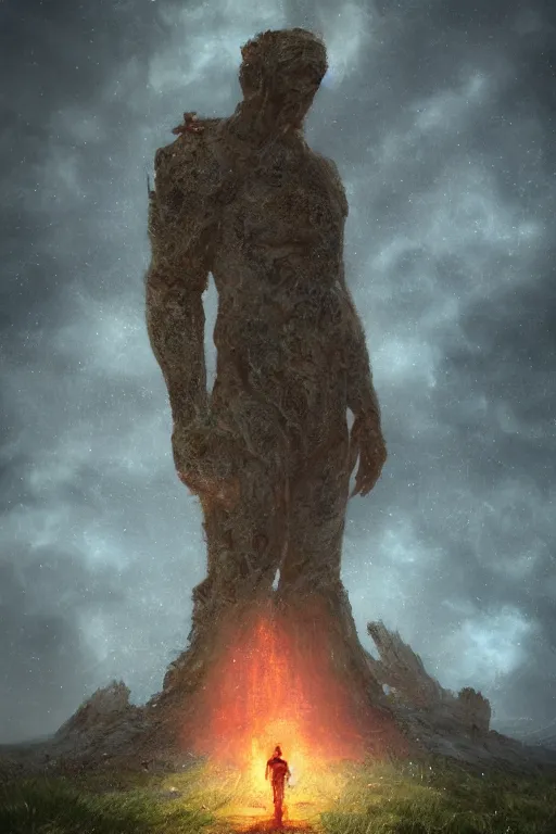 Prompt: a realistic detail of a lonely world, huge giant guardian statue, abandoned, shining star, the born fire, traveller, raining, mist by Julian calle, Leonardo Calamati, wlop, Beksiński, Dylan cole, Erak note, Denis Villeneuve, Ben Nicholas, Anton Fadeev, thomas kinkade, rutkowski, Finnian MacManus, Syd Mead, Trending on artstation, blue and black scheme, 8k, Unreal Engine