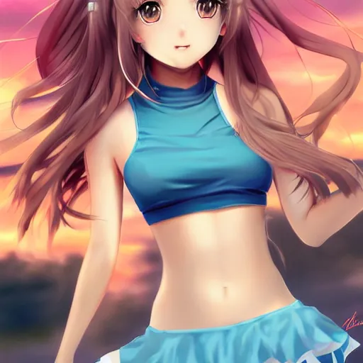 Prompt: a very beautiful young anime tennis girl, full body, long wavy blond hair, sky blue eyes, full round face,, bikini, miniskirt, front shot, highly detailed, cinematic wallpaper by stanley artgerm lau