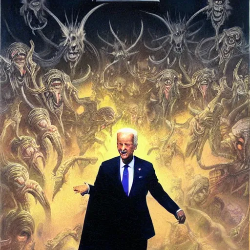 Prompt: epic Joe Biden in pandemonium, demons and souls, portrait, art by Wayne Barlowe, oil on canvas