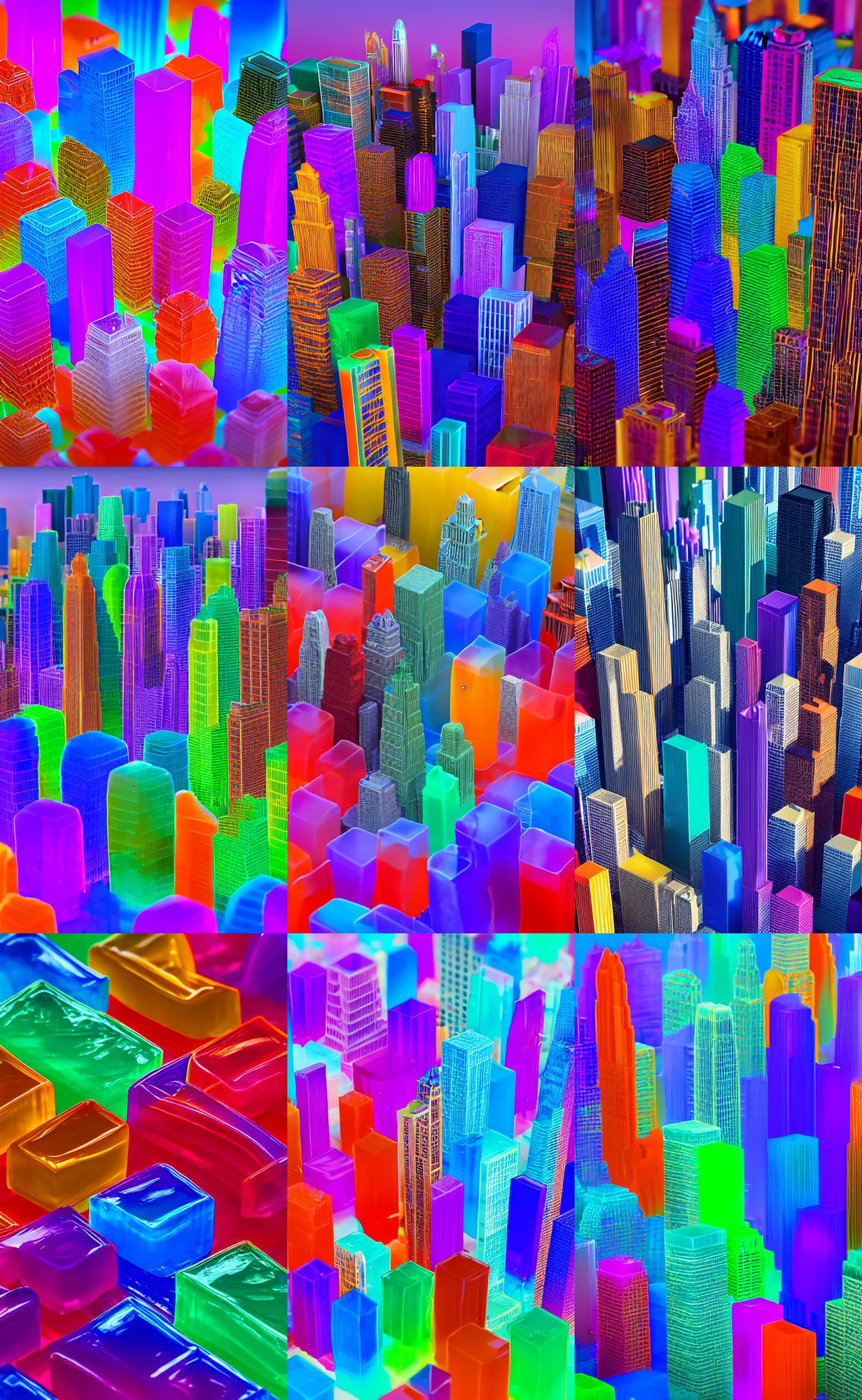 Prompt: colorful highly translucent jello gelatin pieces in the shape of chicago skyscrapers, aerial photography, vibrant colors, canon 1 - dx, shallow depth of field, tilt shift, dramatic lighting, smooth surfaces, photorealistic, unreal engine render, octane render, 8 k