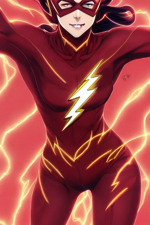 Image similar to anime key visual of a beautiful female the flash!! intricate, red, black, gold suit, powers, speed, lightning hate, dc comics, cinematic, stunning, highly detailed, digital painting, artstation, smooth, hard focus, illustration, art by artgerm and greg rutkowski and alphonse mucha
