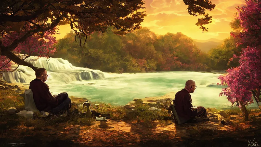 Image similar to featured on artstation walter white sitting under a cherry tree overlooking valley waterfall sunset beautiful image stylized digital art