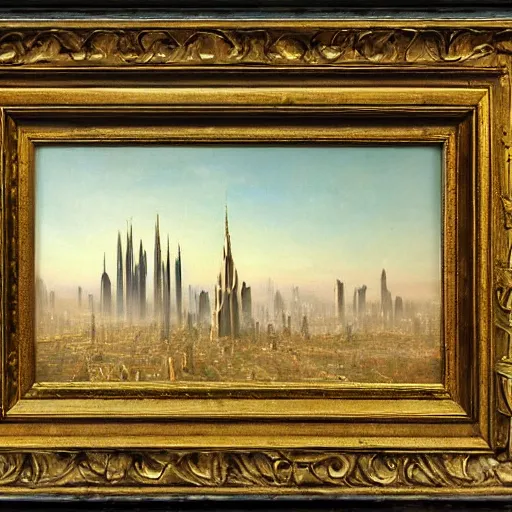 Image similar to a painting of a science fiction city filled with exotic market, tall towers inspired by tolkien, painted by bierstadt