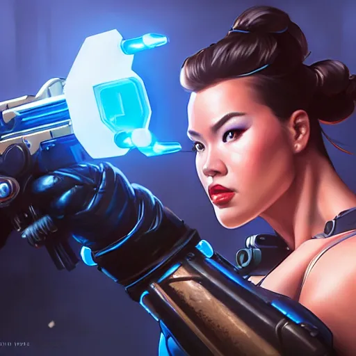 Image similar to a screenshot of arnold schwarzenegger as mei shooting frost gun in overwatch, portrait, fantasy, beautiful face, vivid colors, elegant, concept art, sharp focus, digital art, hyper - realistic, 4 k, unreal engine, highly detailed, hd, dramatic lighting by brom, trending on artstation