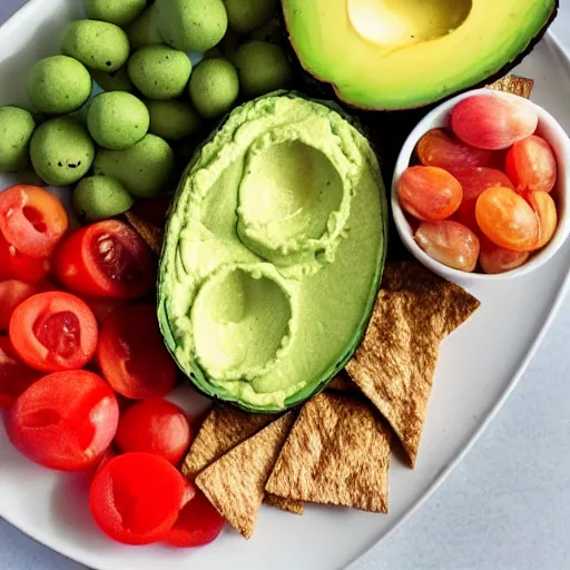 Image similar to a avocado hummus plate with snacks, food photography