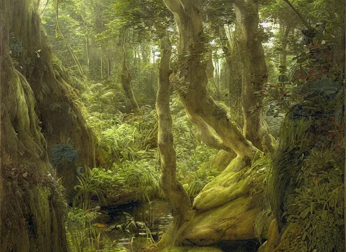 Image similar to enchanged forest. looking down into hole. waterfall to a tranquil pond and with a sandy beach. edgar maxence and caravaggio and michael whelan and delacroix style, artistic, intricate painting, cinematic lighting, hyper realistic, extremely detailed, vivid colors, establishing shot, dramatic lighting. rocky sides ( lush patches of moss and ferns ). rough stone stairway