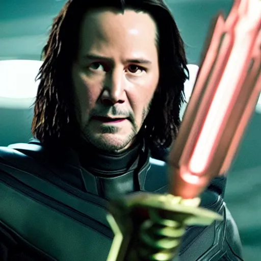 Image similar to film still of Keanu Reeves as Loki holding scepter in Avengers Endgame