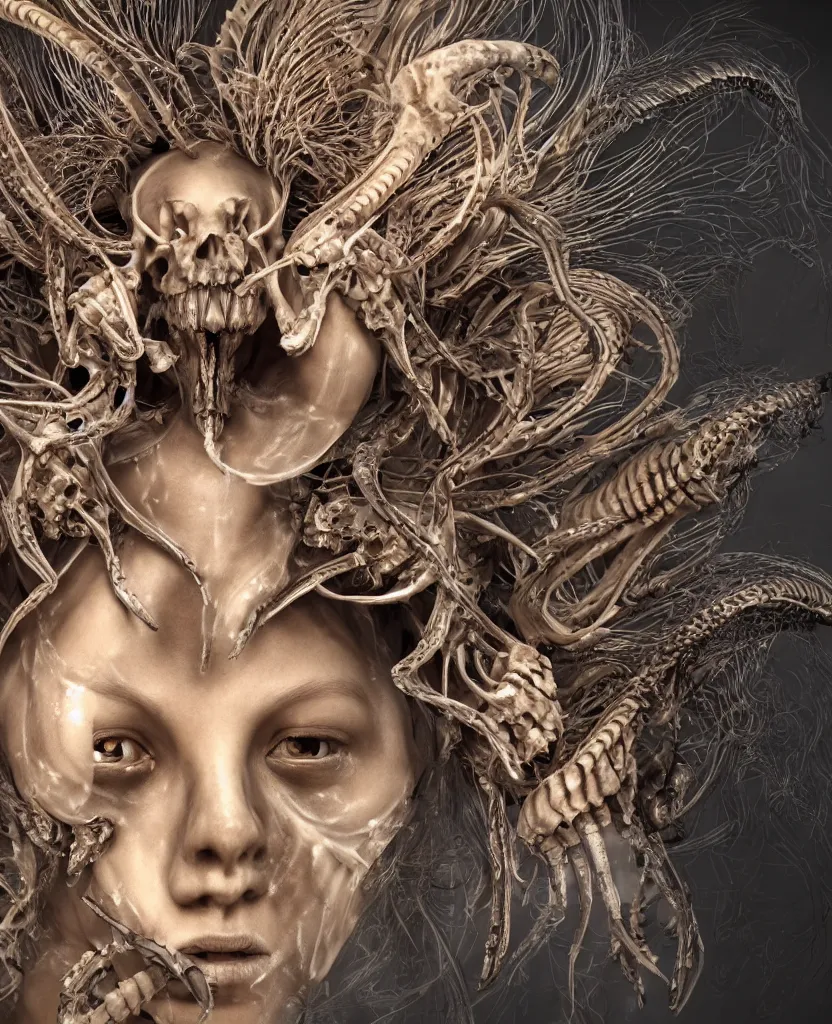 Image similar to close-up macro portrait of the face of a beautiful princess with animal skull mask and ribcage, skeleton epic angle and pose, symmetrical artwork, 3d with depth of field, blurred background, cybernetic jellyfish female face skull phoenix bird, translucent, nautilus, energy flows of water and fire. a highly detailed epic cinematic concept art CG render. made in Maya, Blender and Photoshop, octane render, excellent composition, cinematic dystopian brutalist atmosphere, dynamic dramatic cinematic lighting, aesthetic, very inspirational, arthouse. y Greg Rutkowski, Ilya Kuvshinov, WLOP, Stanley Artgerm Lau, Ruan Jia and Fenghua Zhong