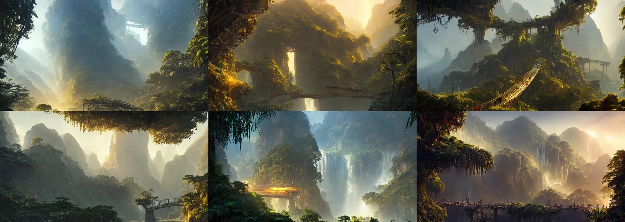 Prompt: ancient alien jungle, buildings, mountains, waterfalls, bridge, last light, sunshafts, by greg rutkowski, trending on artstation