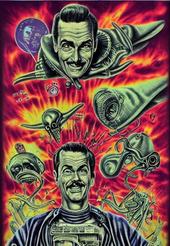 Image similar to subgenius, x - day, aliens, weird stuff, occult stuff, devil stuff, medical diagram, colorful, vintage, stained paper, hyperrealism, stage lighting