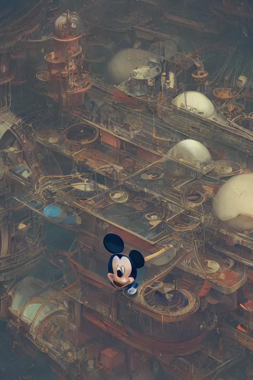 Prompt: top view of many mechanics repairing on mickey mouse head, greg rutkowski, beeple, gilleard, alphonse mucha cgsociety, unreal engine, octane render, highly detailed 4 k art, smooth, sharp focus, cinematic lighting, volumetric lighting, artstation,