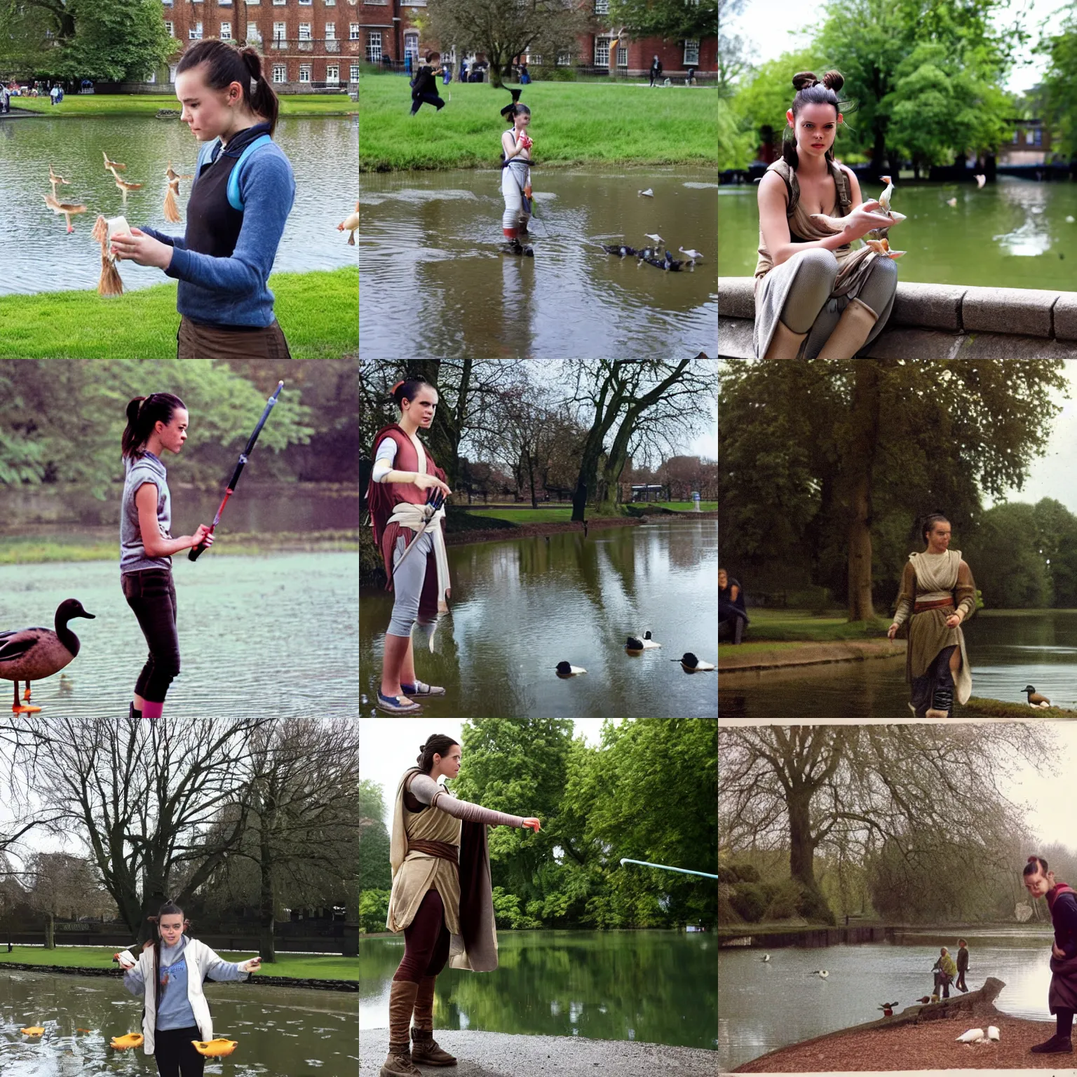 Prompt: Rey Skywalker as a university student, feeding ducks at a pond in London