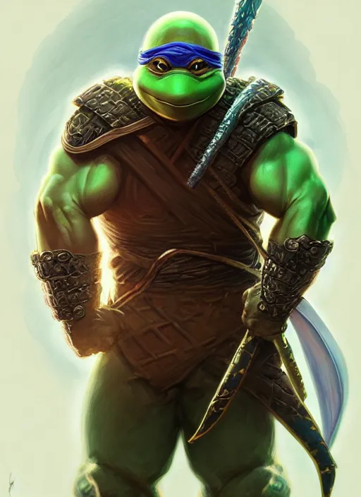 Image similar to Portrait of ninja turtle, D&D, muscular, fantasy, intricate, elegant, highly detailed, digital painting, artstation, concept art, smooth, sharp focus, illustration, art by artgerm and greg rutkowski and alphonse mucha