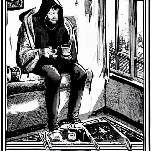 Prompt: a man in a black hoodie drinking tea in his house, vintage comic, greg rutkowski