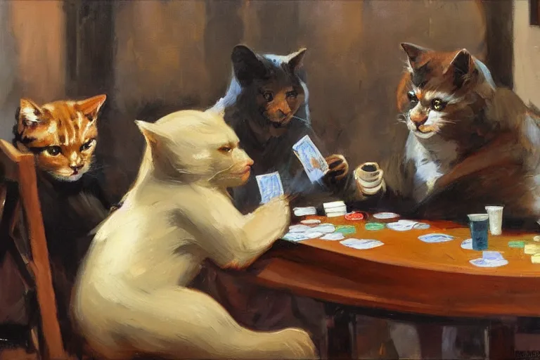 Image similar to 2 animals, cat, bear, playing poker, highly detailed beautiful, by gregory manchess, james gurney, james jean