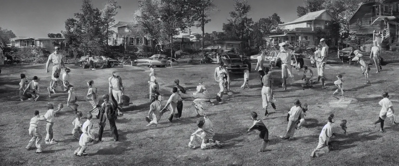 Image similar to detailed sharp photograph in the style of popular science circa 1 9 5 5 and gregory crewdson of little league baseball game