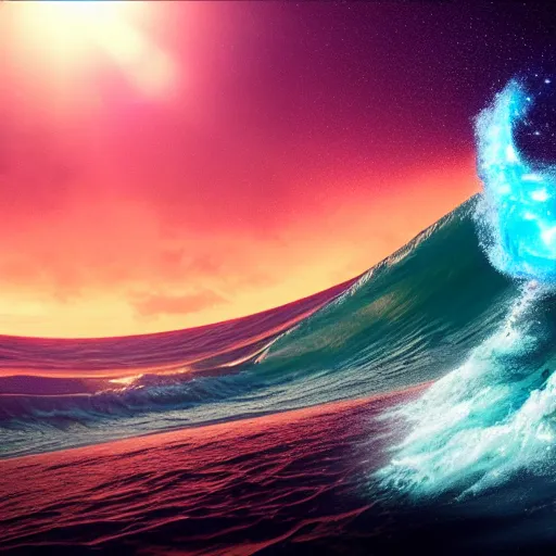 Image similar to photo of a alien surfing a surfboard on a crashing l wave of alien ocean in space, background is an alien galaxy, aliens in the background, alien colors, octane render, unreal engine, wide view, 8 k, high detaild