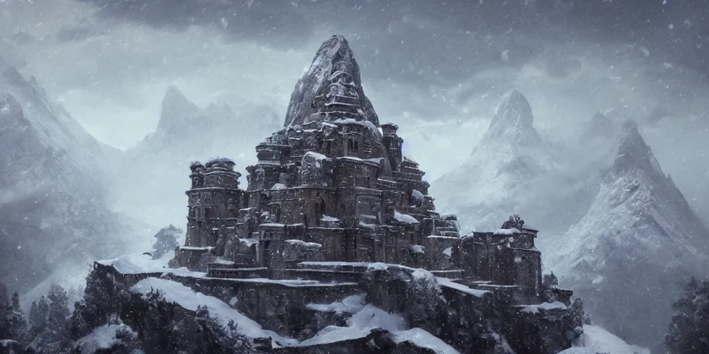 Prompt: immense and imposing himalayan ruins nestled on a mountain side, a snow storm fills the sky, fantasy, magical lighting, Greg Rutkowski and Studio Ghibli and Ivan Shishkin