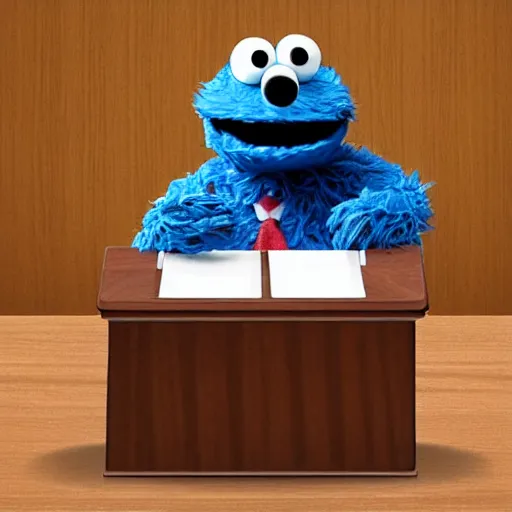Image similar to “photo of Cookie Monster attorney at law in a courtroom”