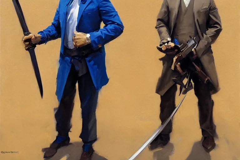 Image similar to greg manchess portrait painting of a blond man in a blue suit with a sword and a pistol, asymmetrical, profile picture, organic painting, sunny day, matte painting, bold shapes, hard edges, street art, trending on artstation, by huang guangjian, gil elvgren, ruan jia, randy vargas, greg rutkowski