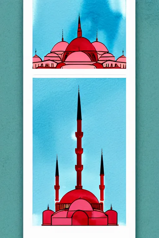 Image similar to minimalist colorful watercolor line art of a mosque in istanbul, art deco, cityscape, matte drawing, poster art