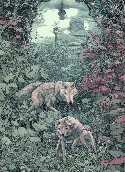 Prompt: a wolf in the garden by josan gonzalez, katsuhiro otomo, andrew ferez, rule of thirds, beautiful