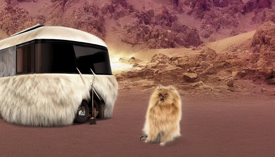 Prompt: professional photograph of a very furry Winnebago designed by Buckminster Fuller and Zaha Hadid covered in hair in a picturesque alien desert. The Winnebago is covered in fluffy hair, racking focus, extreme panoramic, Dynamic Range, HDR, chromatic aberration, Orton effect intricate, elegant, highly detailed, digital painting, artstation, concept art, smooth, sharp focus, illustration, art by artgerm and greg rutkowski and alphonse mucha