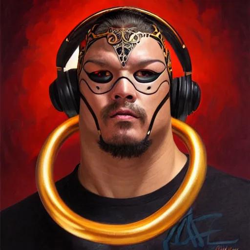 Image similar to portrait of vladimir putid as lucha libre dj, muscular, headphones, thick golden ring around the neck, fantasy, intricate, elegant, highly detailed, digital painting, artstation, concept art, smooth, sharp focus, illustration, art by artgerm and greg rutkowski and alphonse mucha