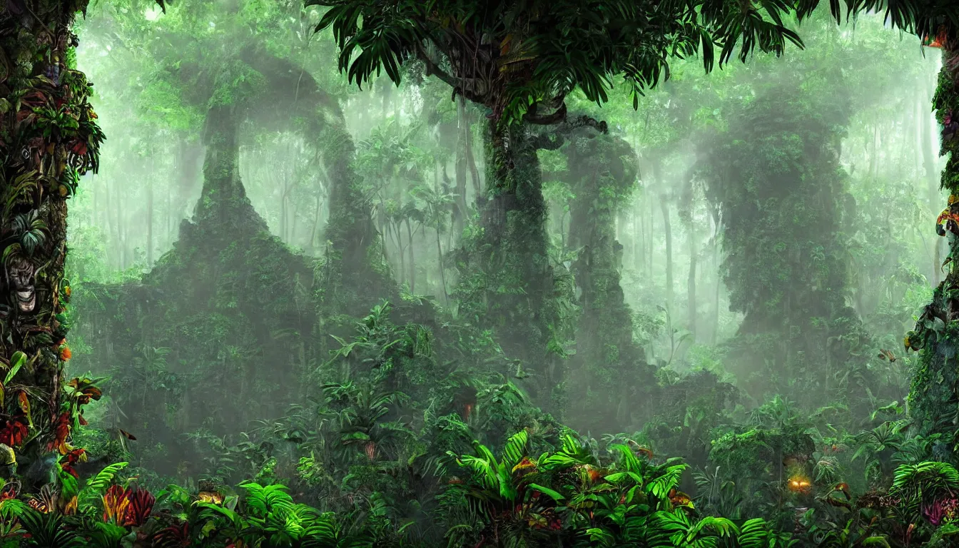 Image similar to entrance to the mayan jungle forest realm of biodiversity , side-scrolling 2d platformer game level, swirling clouds of magical mist in the trees, fantasy vegetation, majestic ancient temple pillar ruins, dramatic dusk sun illuminates areas, volumetric light , detailed entangled roots carpet the forest floor, rich color, upscale , 8k