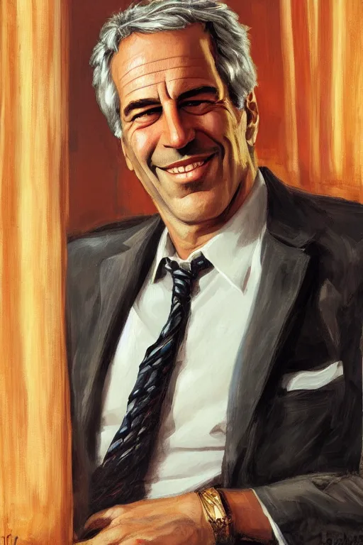 Prompt: smiling Jeffrey Epstein, in jail behind bars, golden hour, artstation, by J. C. Leyendecker and Peter Paul Rubens,