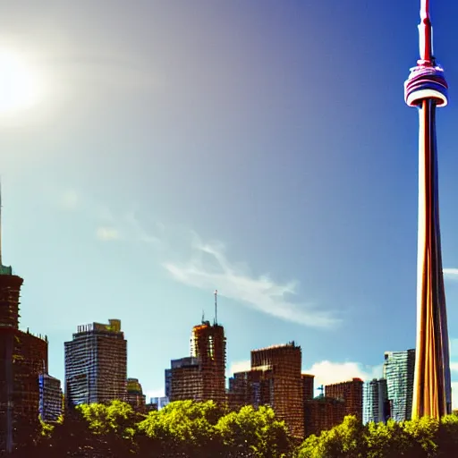 Image similar to Toronto tourist guide with planet mars as a head, dramatic cinematic lighting, Toronto landmarks background