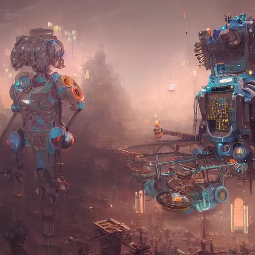 Prompt: robot using modular synth, bypeter mohrbacher and chris myer, intricate detail, finely detailed, small details, extra detail, photorealistic, high resolution, vray, hdr, hyper detailed, insane details, intricate, elite, ornate, elegant, luxury, dramatic lighting, octane render, weta digital, micro details, 3 d sculpture