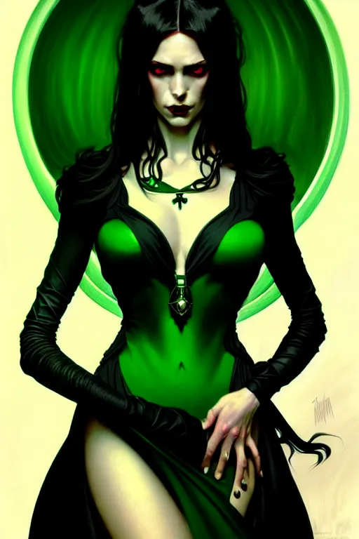 Image similar to portrait of a dark fantasy seductive female necromancer, stylish black dress, green eyes, long red hair, fantasy, elegant, intricate, full frontal shot, highly detailed, digital painting, artstation, concept art, sharp focus, illustration, art by artgerm and greg rutkowski and alphonse mucha